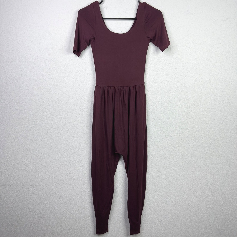 IMBODHI Jumpsuit Womens XS Burgundy Short Sleeve Harem Yoga Bodysuit Athleisure
